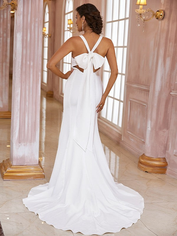 Wholesale Sheath/Column Stretch Crepe Bowknot V-neck Sleeveless Sweep/Brush Train Wedding Dresses